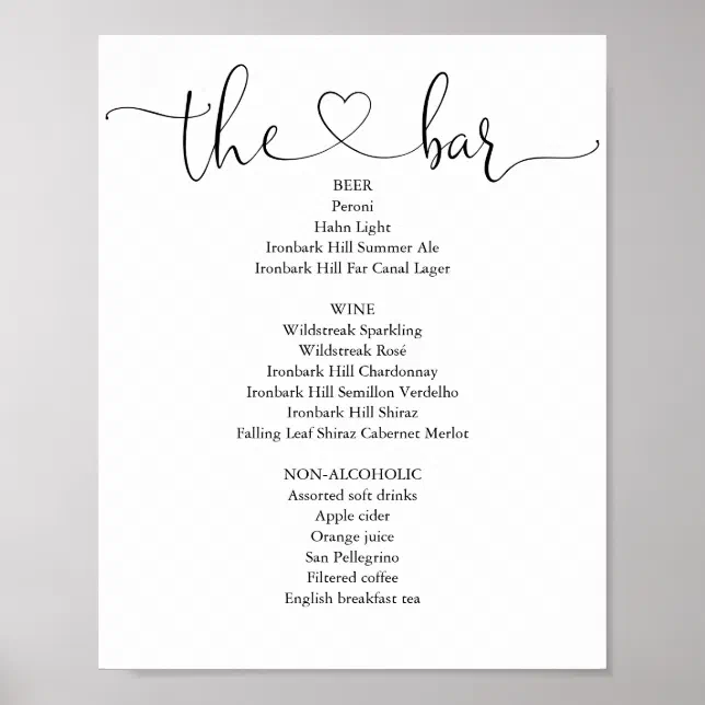 Elegant Modern Heart Script Bar Menu Poster | Zazzle