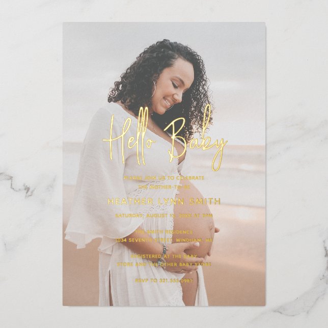 Elegant Modern Hello Baby Photo Baby Shower Gold (Front)