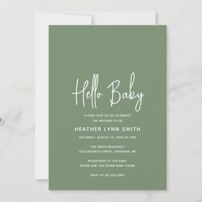 Elegant Modern Hello Baby Sage Green Baby Shower Invitation (Front)