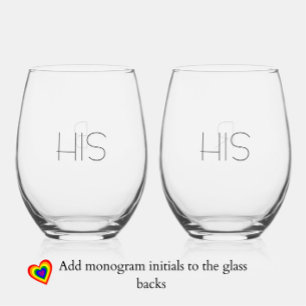 Elegant Modern "His + His" Gay Couple Monogram Stemless Wine Glass