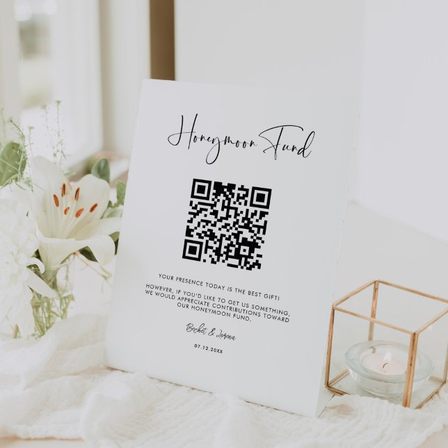 Elegant & Modern Honeymoon fund QR code Pedestal Sign (Creator Uploaded)
