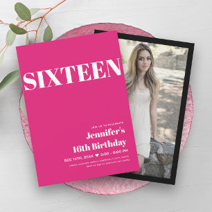 ELEGANT Modern Hot Pink Sweet 16 Typography Invitation