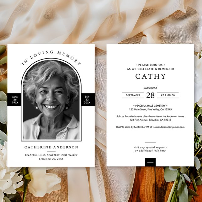 Elegant Modern In Loving Memory Arch Photo Funeral Invitation (Creator Uploaded)