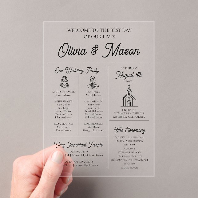 Elegant Modern Infographic Acrylic Wedding Program (Insitu (Handheld))