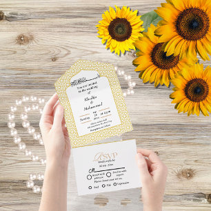 Elegant modern islamic GOLD AND WHITE wedding All In One Invitation