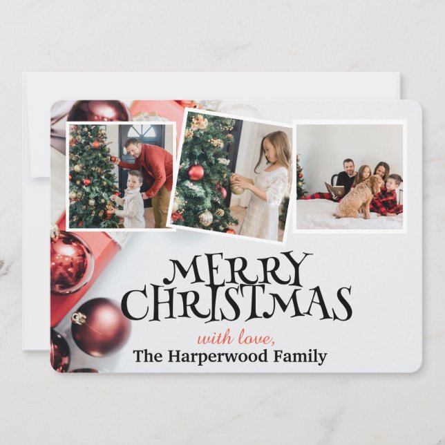 Elegant Modern Joy Christmas Family Photo Collage Holiday Card (Front)