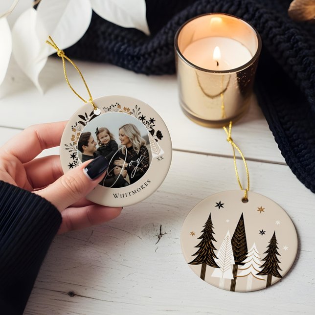  Elegant Modern Joy Photo Evergreen Christmas Tree Ceramic Ornament (Elegant Modern Joy Photo Evergreen Christmas Tree Ceramic Ornament)