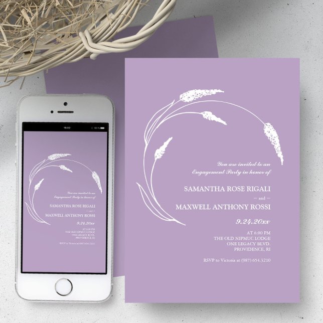 Elegant Modern Lavender Engagement Party Invitation (Wedding invitations feature minimalistic lavender line art Victoria Grigaliunas of Do Tell A Belle)