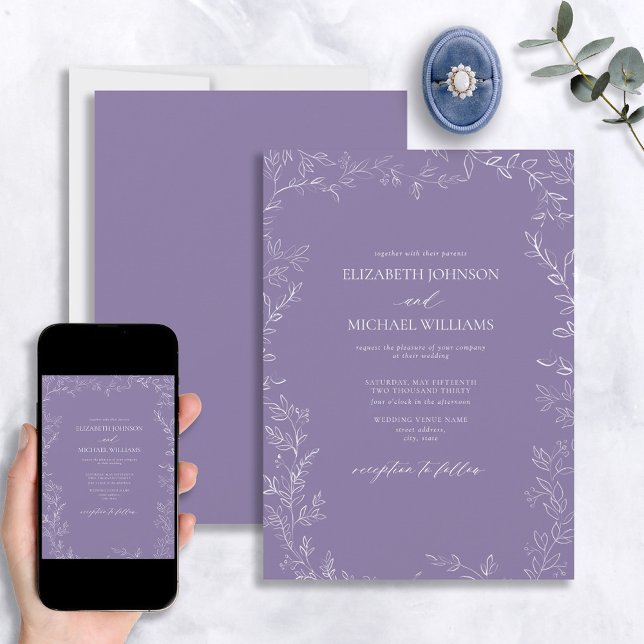 Elegant Modern Lavender Minimal Leaf Wedding Invitation (Creator Uploaded)