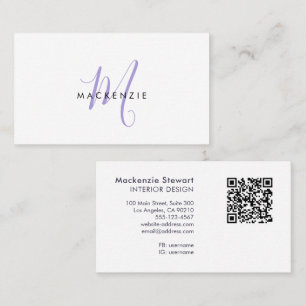 Elegant Modern Lavender Script Monogram QR Code Business Card
