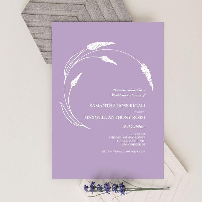 Elegant Modern Lavender Wedding Invitation (Lavender wedding invitations minimalist line art and design by Victoria Grigaliunas)
