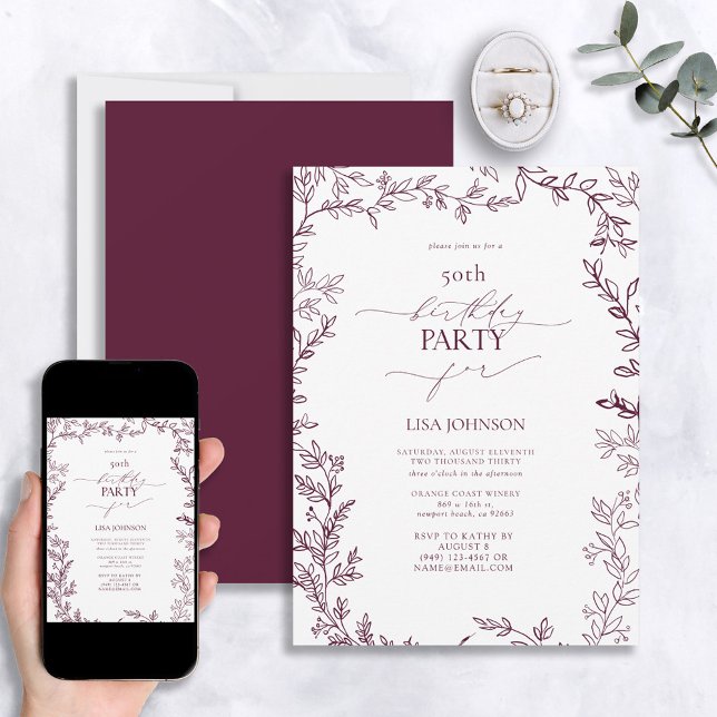 Elegant Modern Leaf Burgundy 50th Birthday Invitation (Creator Uploaded)