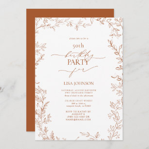 Elegant Modern Leaf Burnt Orange 50th Birthday Invitation