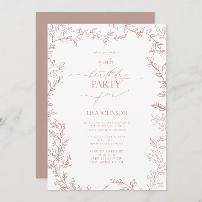 Elegant Modern Leaf Dusty Rose 50th Birthday Invitation (Front/Back)