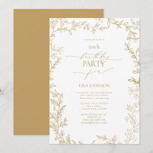 Elegant Modern Leaf Gold 50th Birthday Invitation