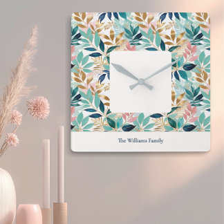 Elegant Modern Leaf Pattern Personalised Square Wall Clock