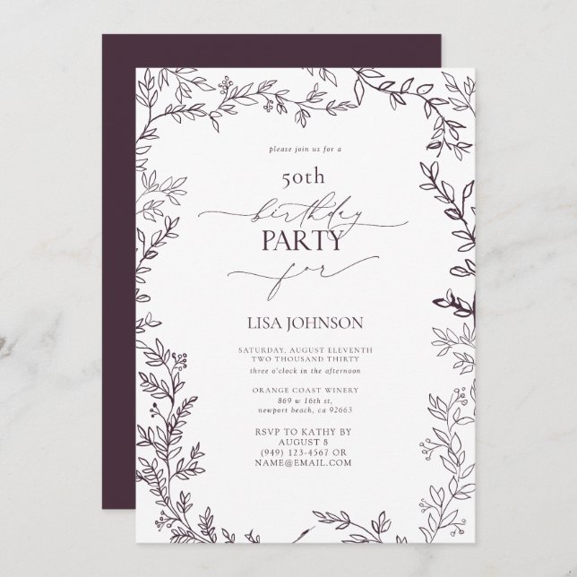 Elegant Modern Leaf Plum Purple 50th Birthday Invitation (Front/Back)