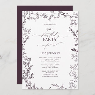 Elegant Modern Leaf Plum Purple 50th Birthday Invitation
