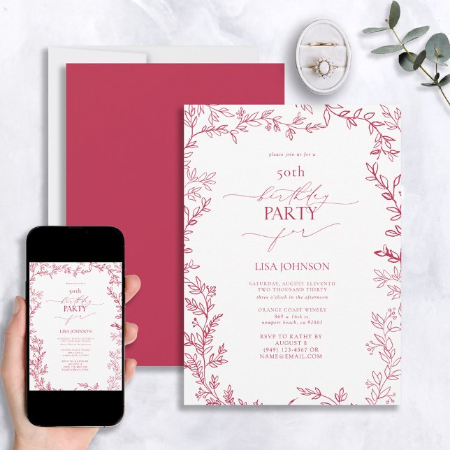 Elegant Modern Leaf Vivid Magenta 50th Birthday Invitation (Creator Uploaded)