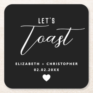 Elegant Modern "Let's Toast" Black White Wedding Square Paper Coaster