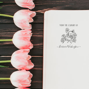 Elegant Modern Library Custom Name Hand-drawn Book Rubber Stamp