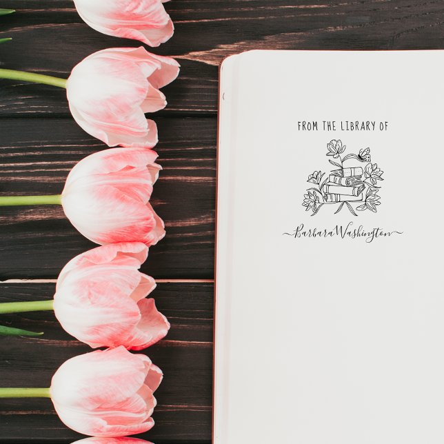 Elegant Modern Library Custom Name Hand-drawn Book Rubber Stamp (Creator Uploaded)