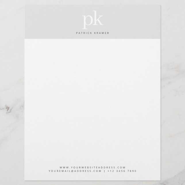Elegant Modern Light Grey Minimalist Monogram Custom Letterhead (Front)