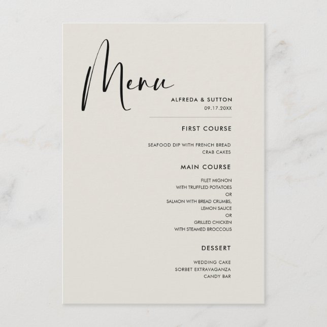 Elegant & modern Light Sage green wedding Menu (Front)