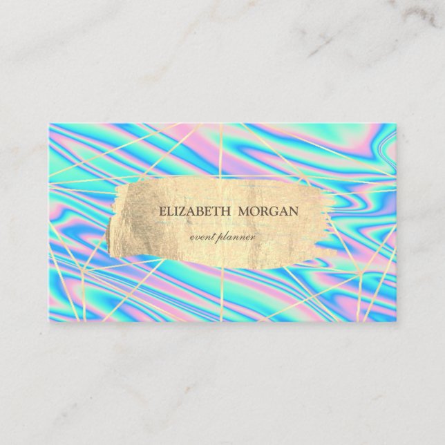 Elegant Modern Lines Gold Brush Stroke Holographic Business Card (Front)
