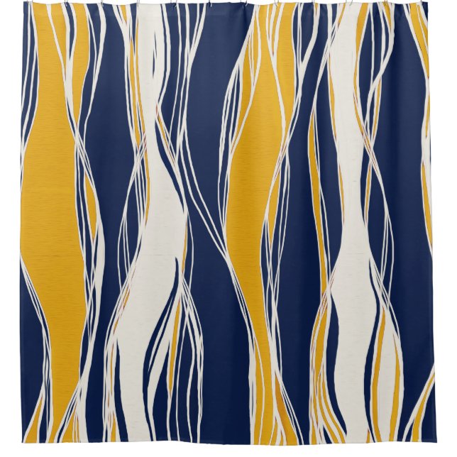Elegant, modern, lines, in navy blue and yellow shower curtain (Front)