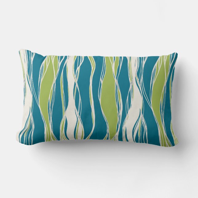Elegant, modern, lines, pastel teal, green, white lumbar cushion (Front)