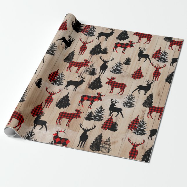 Elegant modern lumberjack moose plaid pattern wrapping paper (Unrolled)
