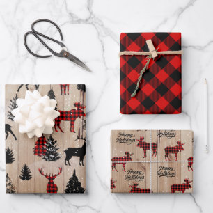 Elegant modern lumberjack moose plaid wrapping paper sheet