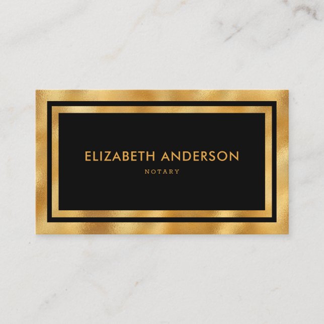 Elegant Modern Luxury Black and Gold Notary Business Card (Front)