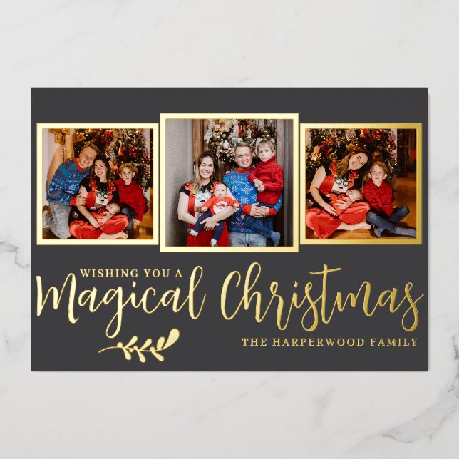 Elegant Modern Magical Christmas Family 3 Photo Foil Holiday Card (Front)