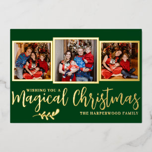 Elegant Modern Magical Christmas Family 3 Photo Foil Holiday Card