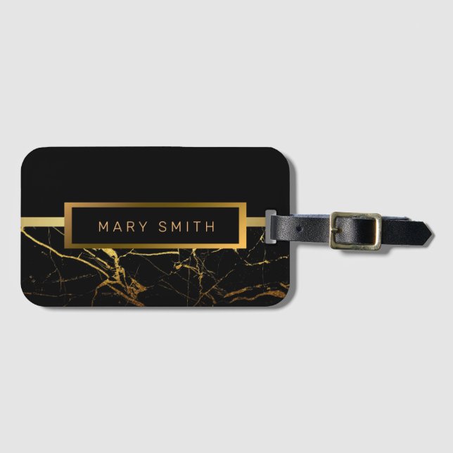Elegant Modern Marble Black Gold Luggage Tag (Front Horizontal)