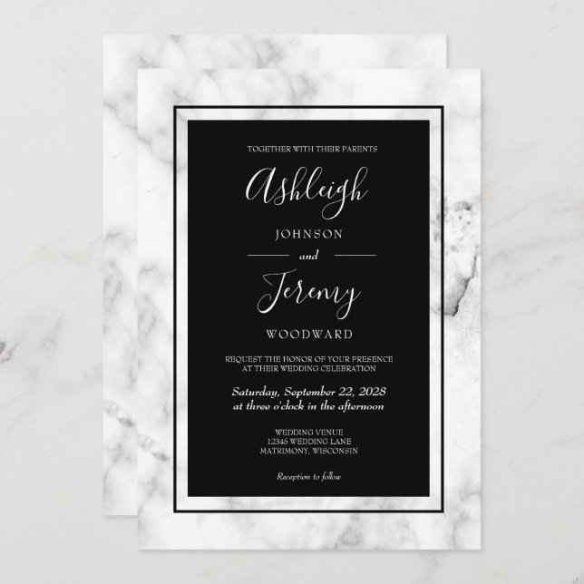 Elegant Modern Marble Black White Wedding Invitation (Front/Back)