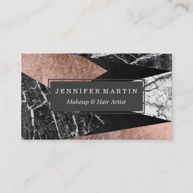 Elegant Modern Marble, Rose Gold, & Black Triangle Business Card (Front)