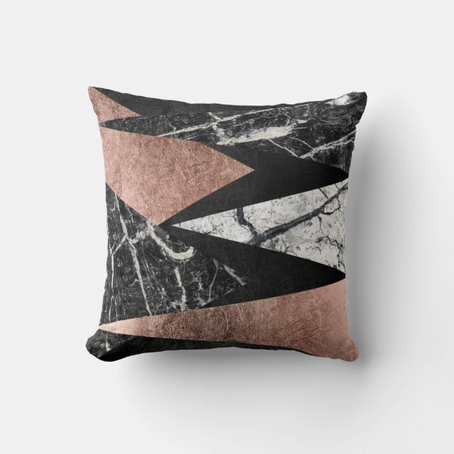 Elegant Modern Marble, Rose Gold, & Black Triangle Cushion (Front)