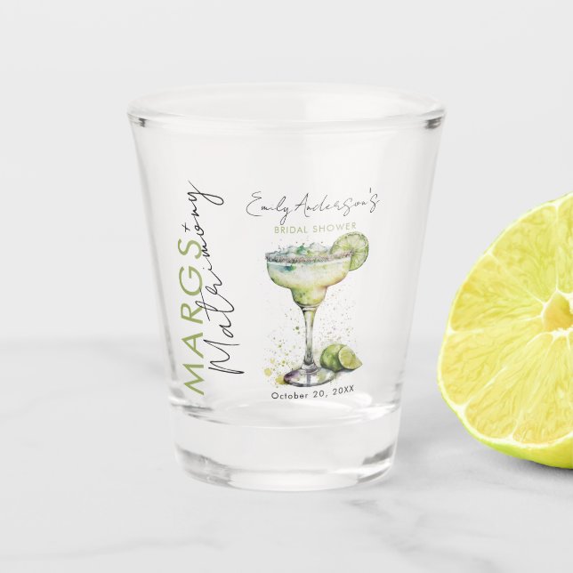 Elegant Modern Margs and Matrimony Bridal Shower Shot Glass (Front)