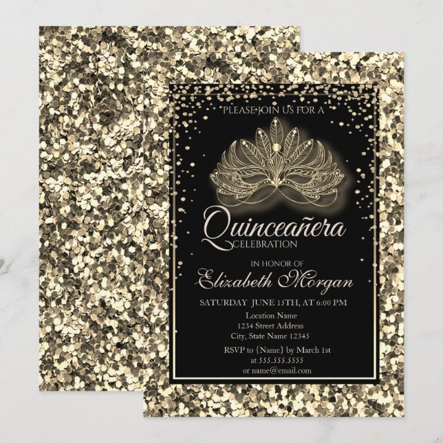 Elegant Modern Masque Gold Sequins Quinceanera Invitation (Front/Back)