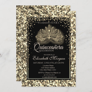 Elegant Modern Masque Gold Sequins Quinceanera Invitation