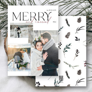 Elegant Modern Merry and Married Newlyweds 3 Photo Holiday Card