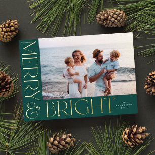 Elegant Modern Merry & Bright 1 Photo Green Gold Foil Holiday Card