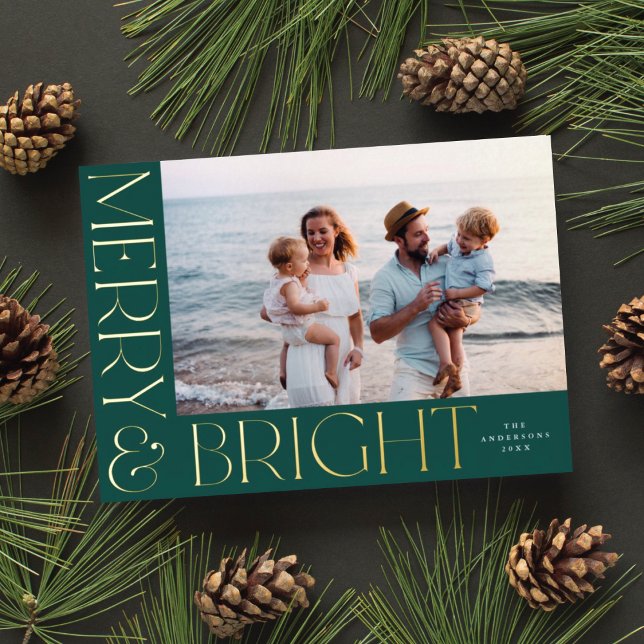 Elegant Modern Merry & Bright 1 Photo Green Gold  Foil Holiday Card (Creator Uploaded)