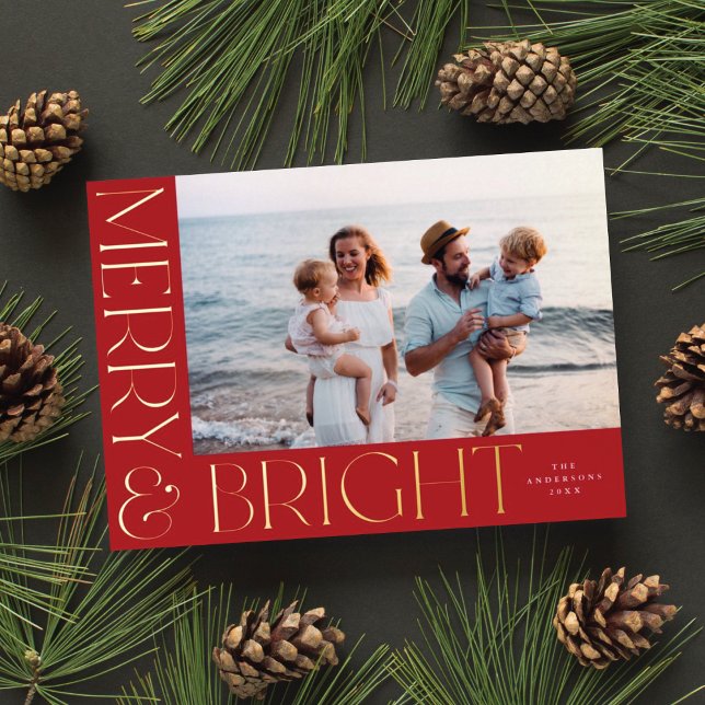 Elegant Modern Merry & Bright 1 Photo Red Gold  Foil Holiday Card (Creator Uploaded)