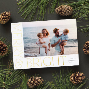 Elegant Modern Merry & Bright 1 Photo White Gold  Foil Holiday Card