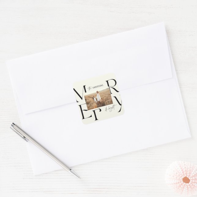Elegant modern merry Christmas photo typography Square Sticker (Envelope)