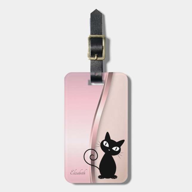 Elegant Modern Metallic, Pink, Black Cat Luggage Tag (Front Vertical)